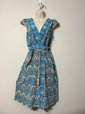 Plenty by Tracy Reese  Silk Turquoise Printed V-Neck Midi Wrap Dress w Rope Tie